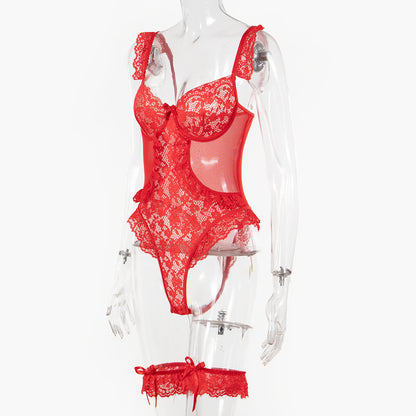 Women Sexy Lingerie Bodysuit Floral Lace Teddy Babydoll Snap Crotch Ruffle One Piece with Thigh Bands