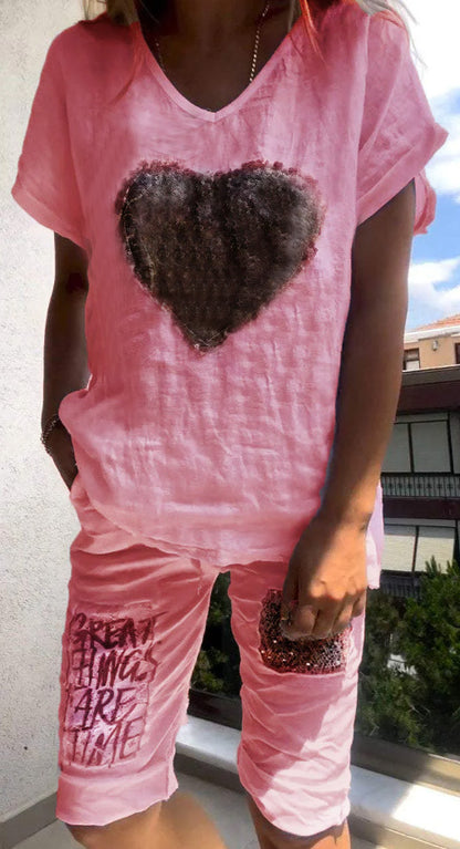 Linen Outfits Women 2 Piece Heart Sequins V-Neck Short Sleeve Top Loose Knee Length Pants 2025 Casual Set