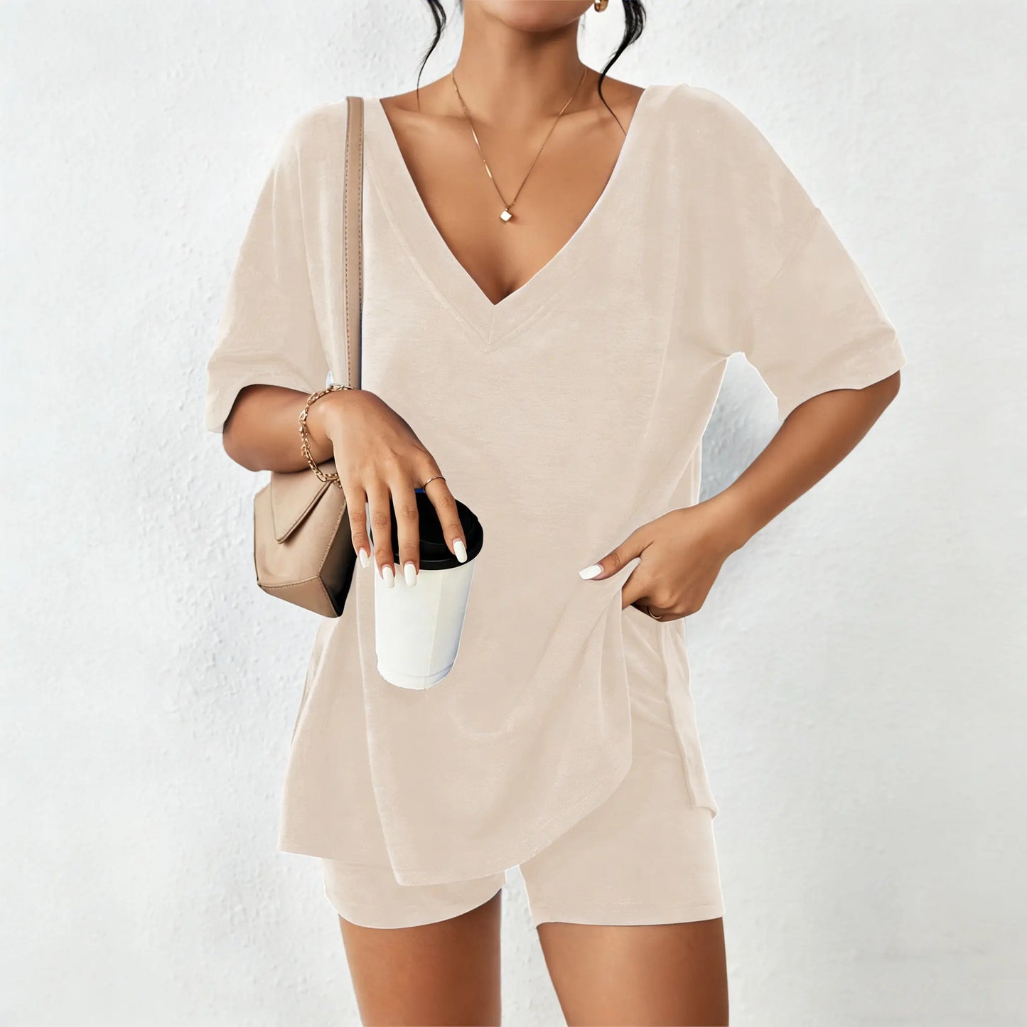Mother's Day EKOUAER V-neck Two-Piece Pajama Set For Women Summer Casual Oversized Split Hem Shirts & Biker Shorts Minimalist Lounge Wear Soft Homewear Cozy Pjs Clothes Comfy - Seldom Seen Styles