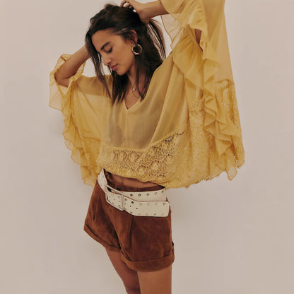 Poncho à col en V pour femme, manches chauve-souris, couleur unie, coupe ample, chemisiers, haut Lili, joli haut pour femme