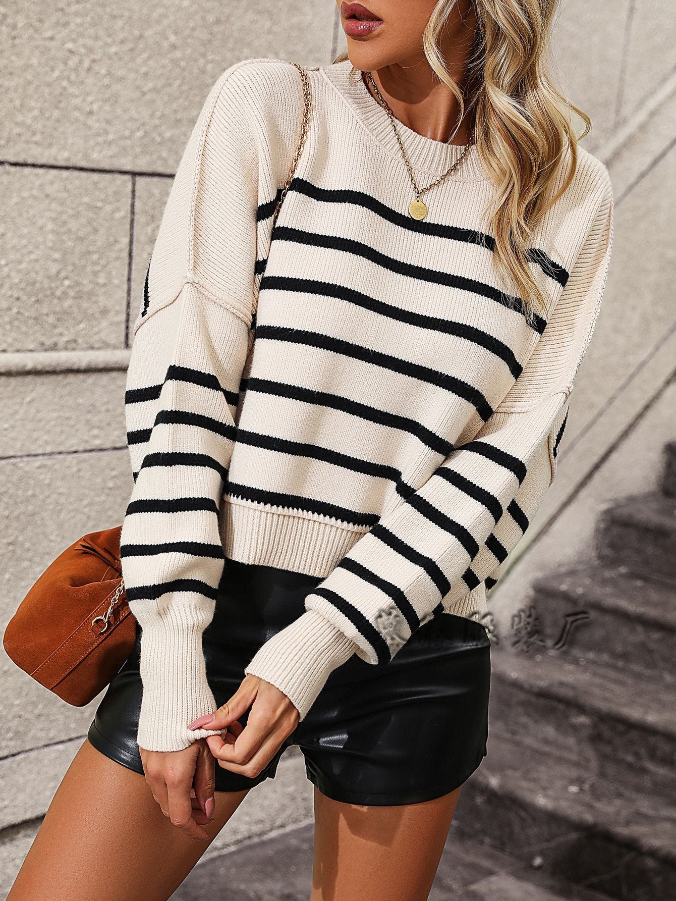 2023Autumn and Winter New Europe and America Cross Border Amazon round Neck Women's Knitwear Foreign Trade Loose Pullover Stripe Sweater Women