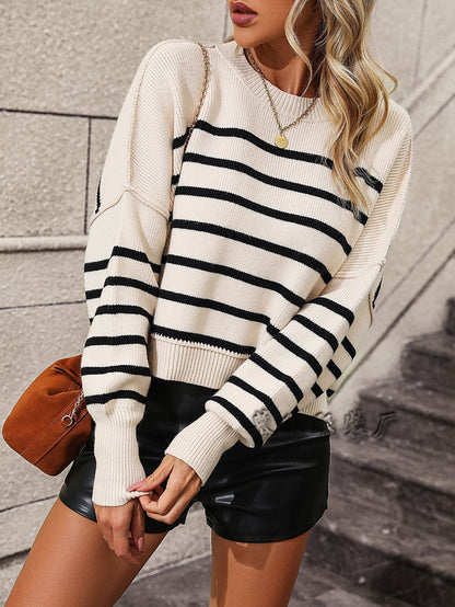 Women's Knit Pinstripe Sweater  round  Stripe Neck Knitwear Bat sleeve  Loose Pullover Cropped Sweater