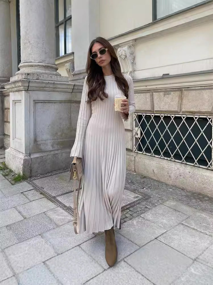 Long Sleeve Round Neck Tight Knitted Autumn New Style Sweater Sunken Stripe Solid Color Base  Style Dress