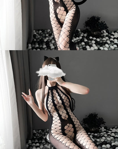Women's Sexy OneSize Fishnet Halter Cut-Out Bodystocking Lingerie Black