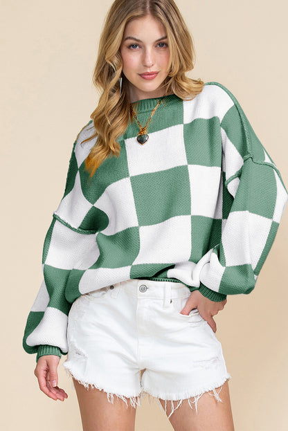 Leisure Style Plaid Printed Long-Sleeved Top Women's Autumn New Warm Pullover Crew Neck Sweater