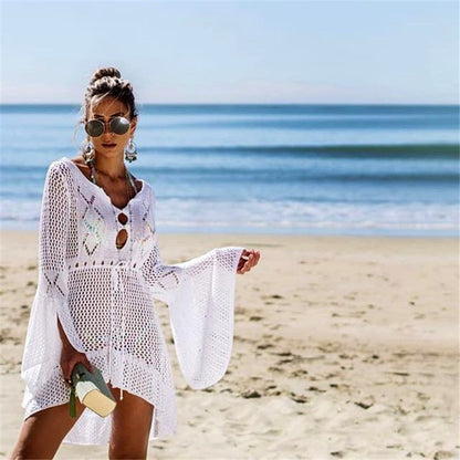 Hollow-out Sun Protection Shirt Bell Sleeve Beach Cover-up Bikini Cover  Hot Knitwear Swimsuit