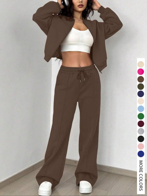 Women's Casual Tracksuit Set, Zip-Front Jacket and Elastic Waist Pants For Airport Wear, Athleisure Style