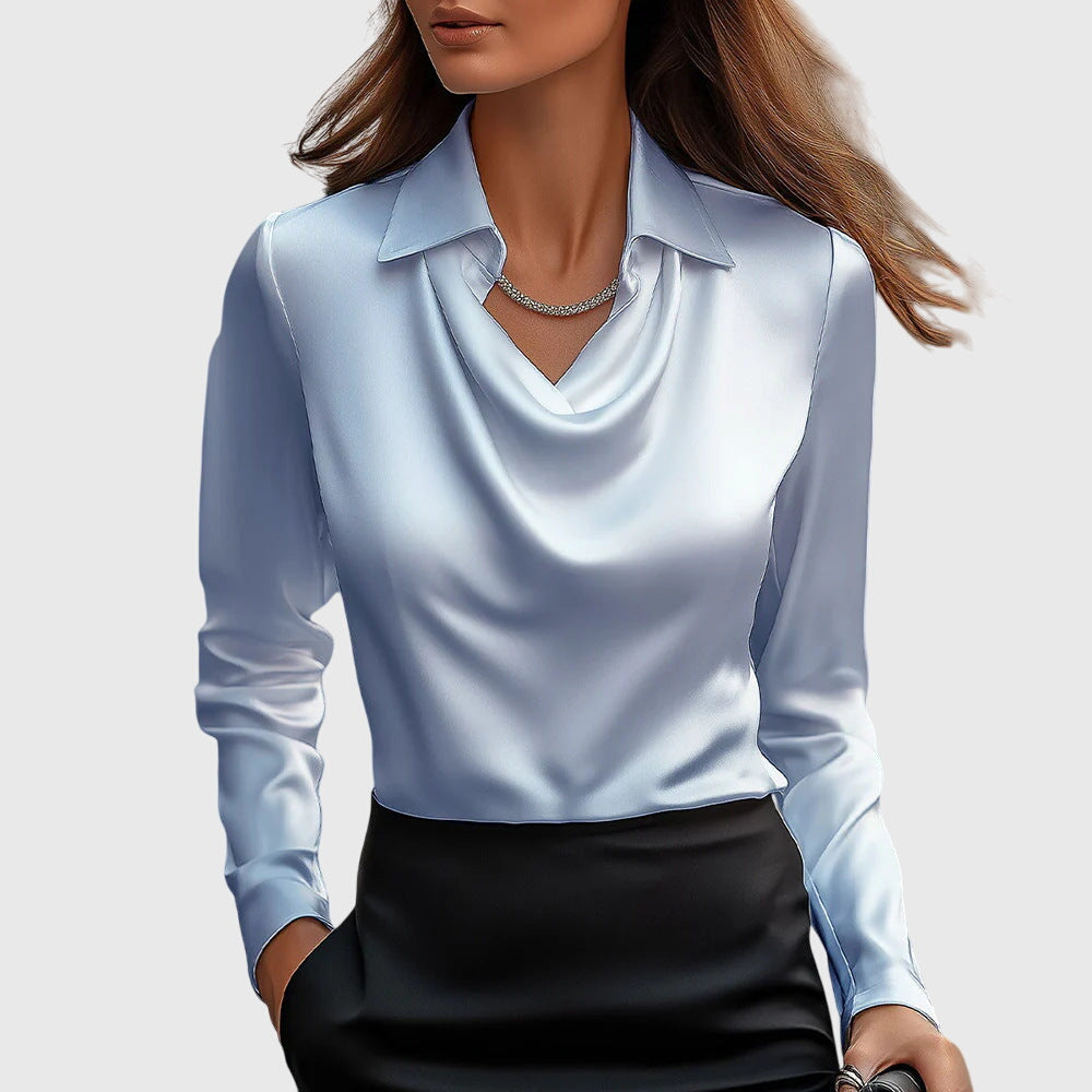 Women's Elegant Solid Satin Cowl Neck Blouse Long Sleeves Casual Business Dressy Shirts Office Work Ladies Top
