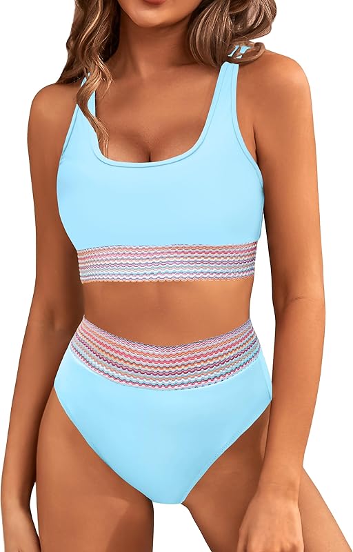 Women's High Waisted Bikini Sets Sporty Two Piece Swimsuits Color Block Cheeky High Cut Bathing Suits - Seldom Seen Styles