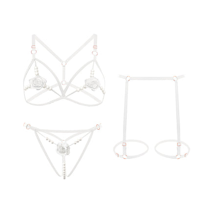 Romantic Rose Embroidered 3-Piece Lingerie Set with Sensory Pearls - T-Back Bra & Thong in 5 Colors