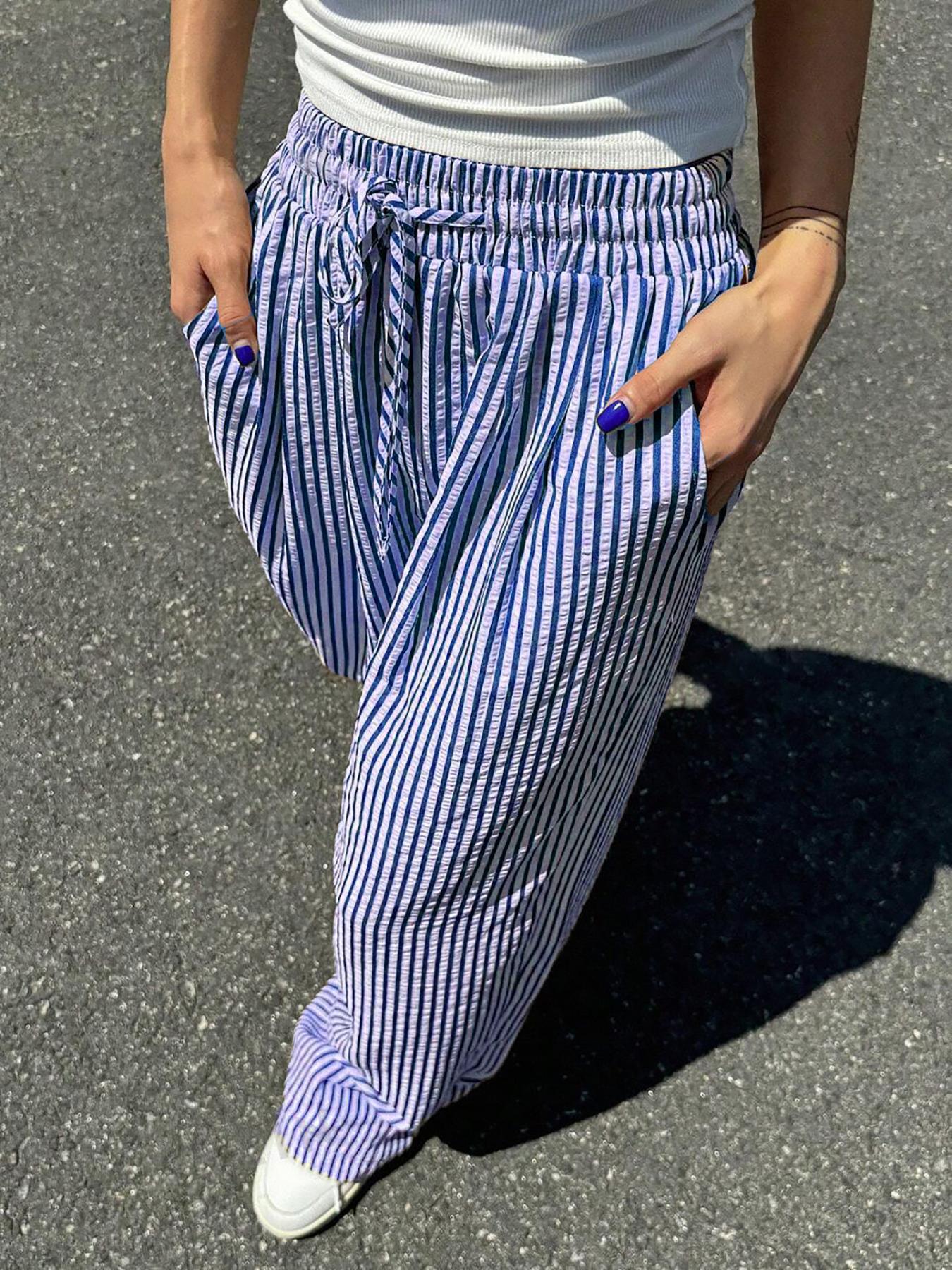 Women Casual Drawstring Elastic Waist Striped Wide Leg Pants with Pockets - Seldom Seen Styles