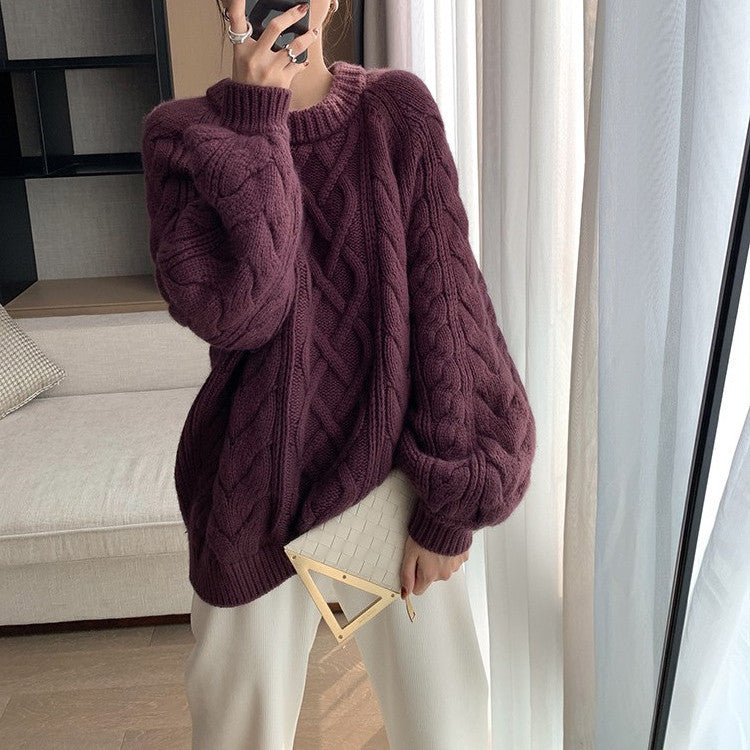 2024 Autumn and Winter New Thick Thread Sweater Women's Korean-Style Loose and Lazy Style round Neck Thickened Cable-Knit Pullover Sweater