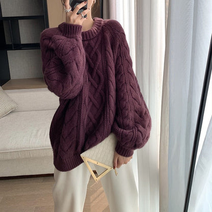 Autumn Winter New Thick Thread Sweater Women's Loose and  round Neck Thickened  Pullover Sweater