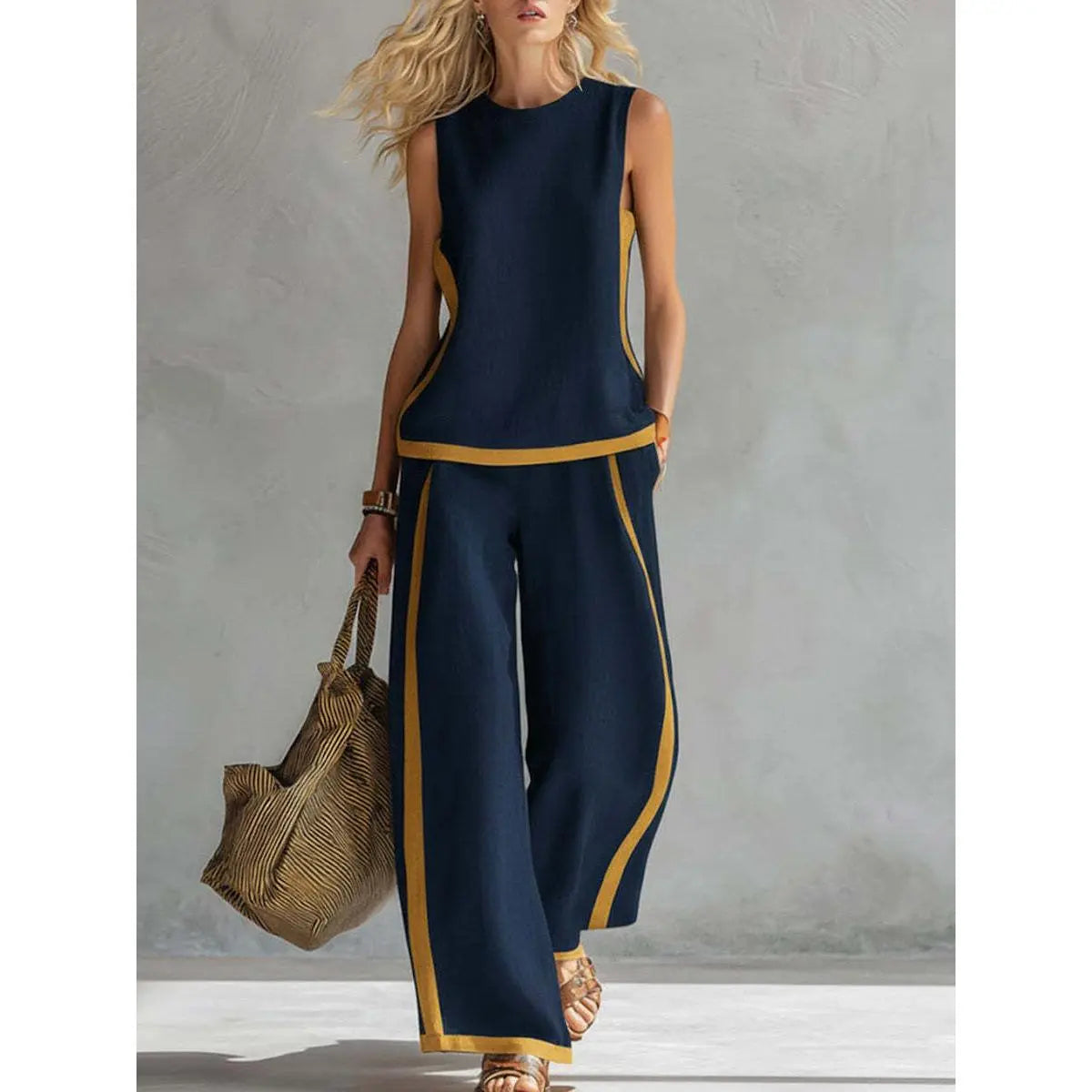 2026  Blend Two Piece Set for Women Sleeveless Color Block Top Wide Leg Pants Set Casual Summer Outfit # Set # WideLegPants # ColorBlock # SummerOutfit # BohoFashion # CasualWear # Outfit of the Day # WomensFashion