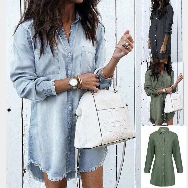 Women Denim Shirt Dresses Long Sleeve Distressed Jean Dress Button Down Casual Tunic Top