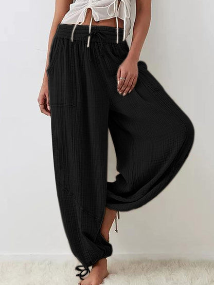 Damen Casual Loose Fit Weite Beinhose Baumwolle Hose Kordelzug Nähte Baggy Pants Hose mit Taschen