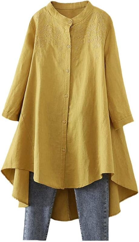 Minibee Women Cotton Linen Shirt High Low Button Down Embroidered Blouse Long Sleeve Tunic Tops