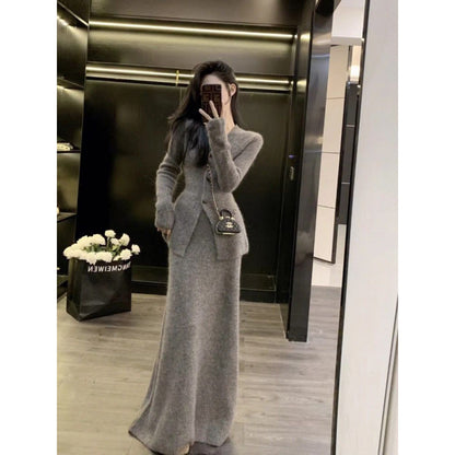 Spring and Autumn Match a Set of GentleVCollar Knitted Sweater+Two-Piece Skirt2024New Elegant Outfit