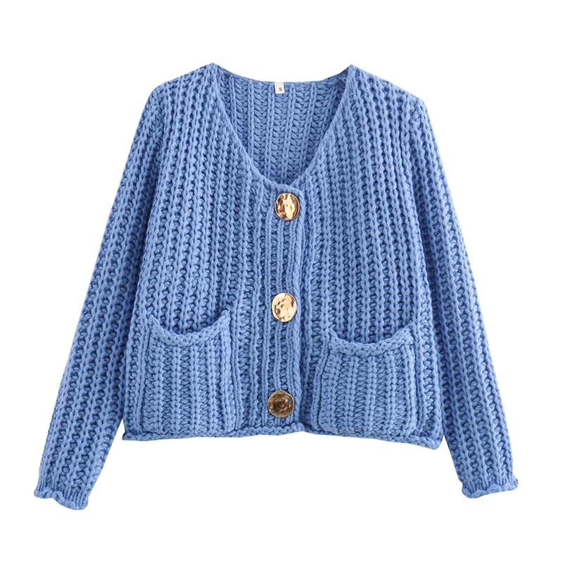 Women's Cropped Cardigan Sweater Long Sleeves Button Down Chunky Knitted Coat Knitwear