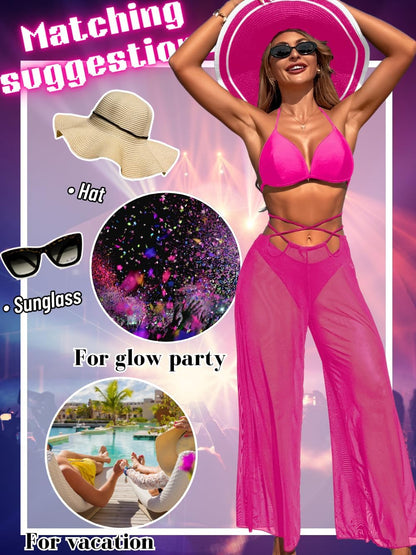 3 Piece Bikini Sets with Mesh Cover Up Pants, Halter Cheeky Thong Swimsuits, Sexy Bathing Suits for Women - Seldom Seen Styles