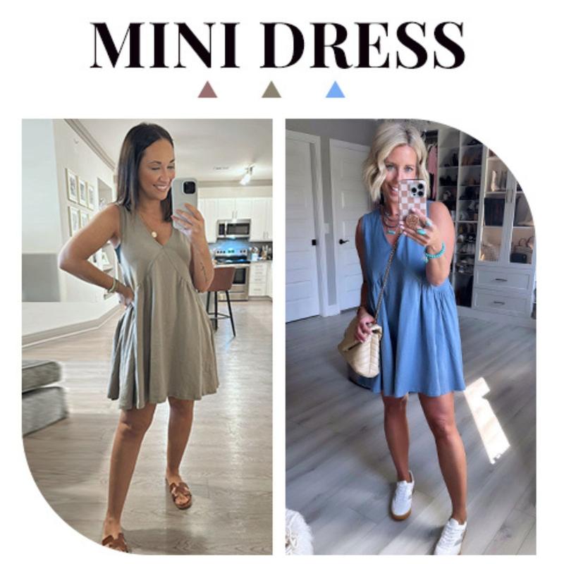 Women's Summer Sleeveless Mini Dress Casual Loose V Neck Sundress with Pockets - Seldom Seen Styles