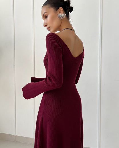 off-Shoulder Dress Woolen Skirt Sexy Knitted Dress Long Sleeve Short Dress Thickened A- line Europe and America Cross Border Autumn and Winter Skirt