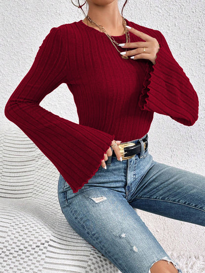Women's Bell Sleeve Crop Tops Dressy Casual Crewneck Lettuce Trim Ribbed Fitted Shirts