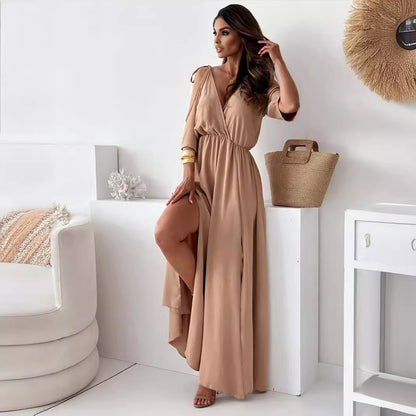 off the shoulder maxi dress long modest dress Mid-Length Dress with Five-Quarter Sleeves