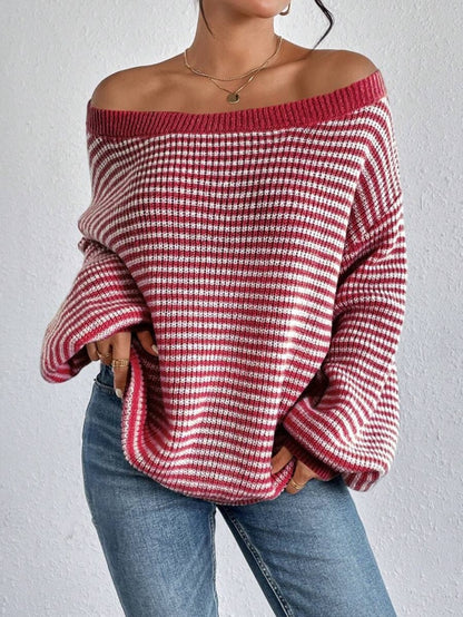 Women's Striped Drop Shoulder Sweater, Y2k Casual Bishop Sleeve Boat Neck Jumper Tops for Daily Outdoor Wear Back To School, Sweaters for Women, Ladies Knitwear for Fall, Fall Outfits, Fallfreshness, Preppy 80s Clothes