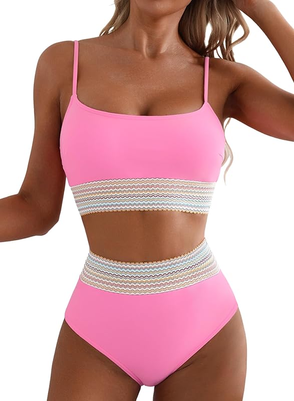 Women's Bikini Sets Colorblock Trim 2 Piece High Waisted Swimsuit Scoop Neck Adjustable Spaghetti Straps Bathing Suit - Seldom Seen Styles