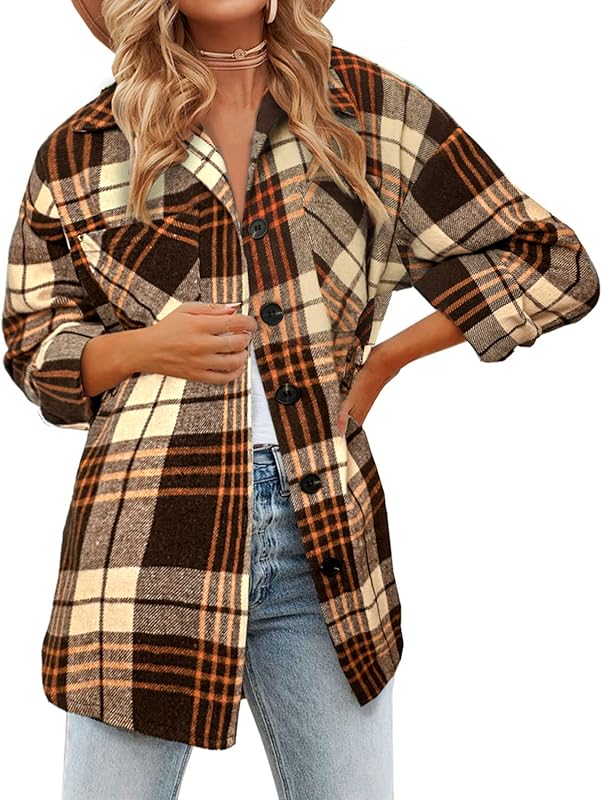 BTFBM Women Long Sleeve Button Down Jackets Plaid Flannel Shirts Tops Casual Lapel V Neck Oversized Shackets Blouses Top