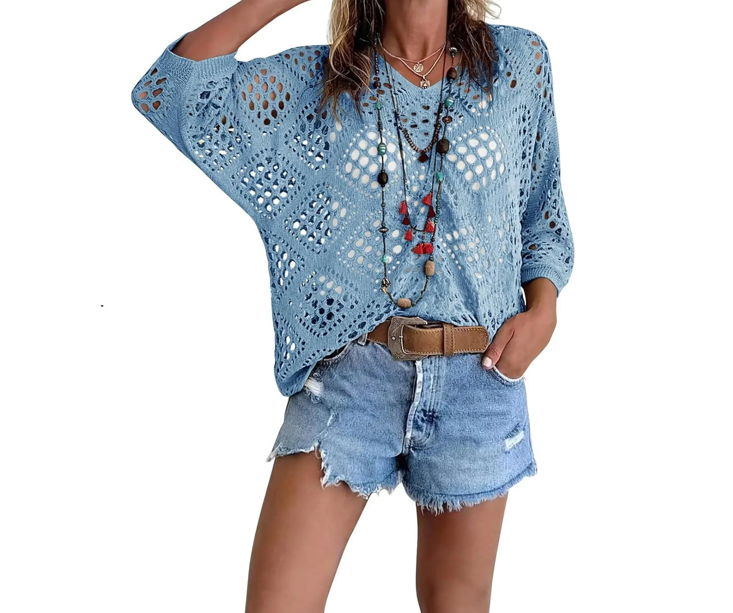 Fisoew Women's Bohemian-Inspired Beige Crochet Top with V-Neck #Springtok #TikTokShopJumpstartSale Casual Chic - Seldom Seen Styles