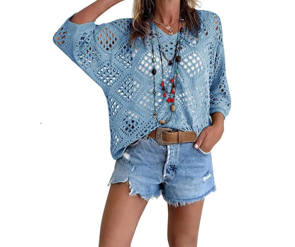 Fisoew Women's Bohemian-Inspired Beige Crochet Top with V-Neck #Springtok #TikTokShopJumpstartSale Casual Chic