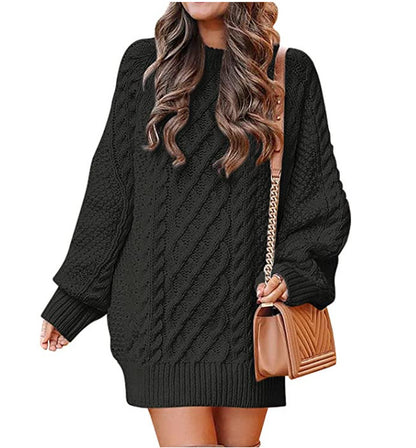 Women's Clothing round Neck Long Sleeve Large Profile Twisted Knitted Thick Needle Pullover Mid-Length Warm Sweater for Women Dress