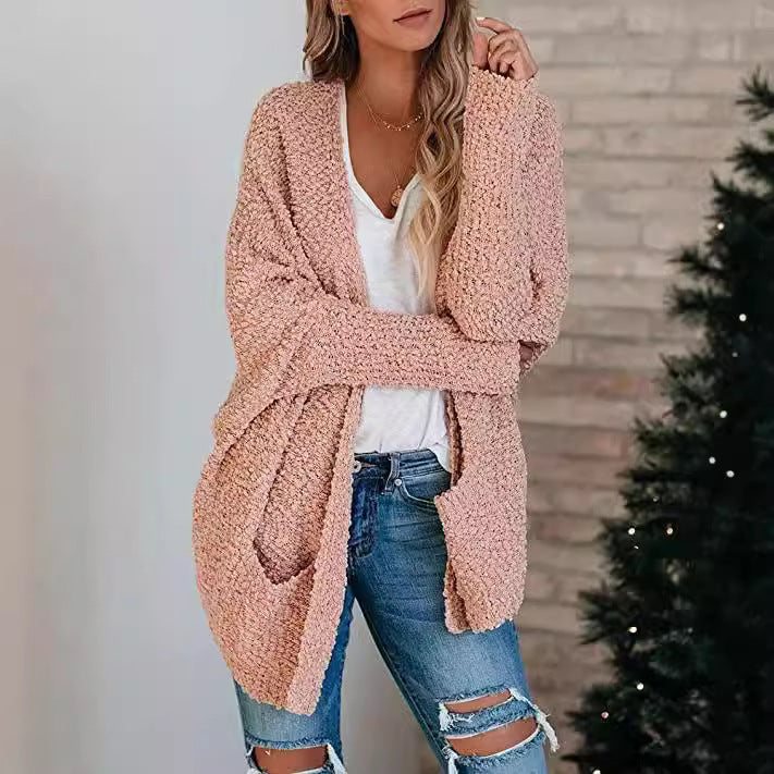 Women's Solid Color Batwing Sleeve Open Front Cardigan, Casual Long Sleeve Outerwear for Fall & Winter, Women's Knit Clothing for Daily Wear