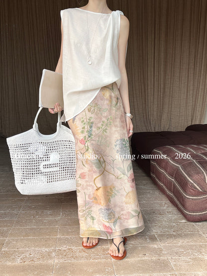 Vintage Oil Painting Floral Print Midi Skirt 100% Polyester Side Zip A-Line Elegant Summer Skirt