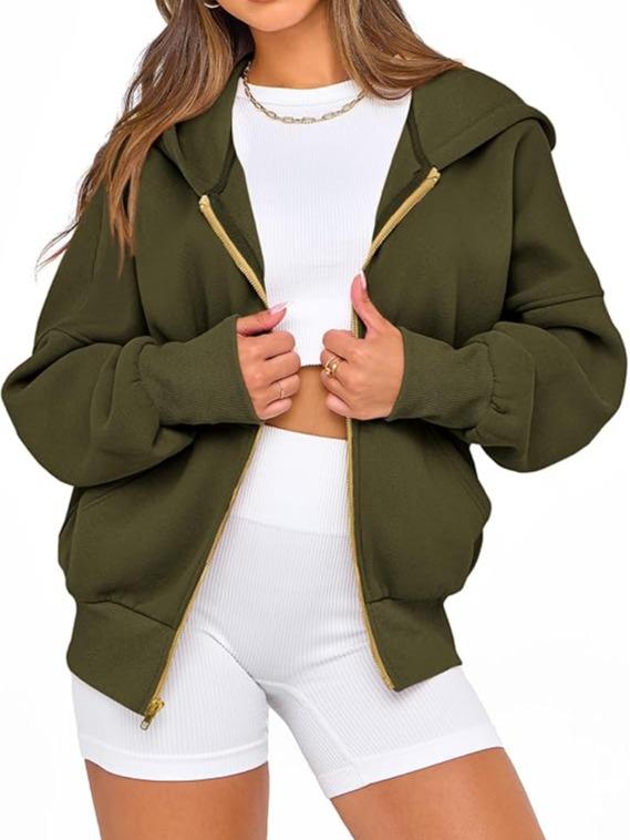 Women's Gold Zipper Hoodie Long Sleeve Fleece Y2K Style Casual Sweatshirt with Pockets for Fall Winter Clothes - Seldom Seen Styles