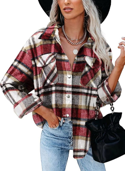 BTFBM Women Shacket Jacket Long Sleeve Button Down Casual Plaid Flannel Shirts Loose Fall Spring Blouses Tops