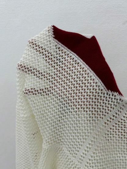 Women's Colorblock Figure Pattern Hollow Out Knitting Sweater, Casual Street Retro Fashion Long Sleeve Pullover for Daily Wear, Ladies Knitwear for Summer, Baggy Top, Womenswear, Longsleeves