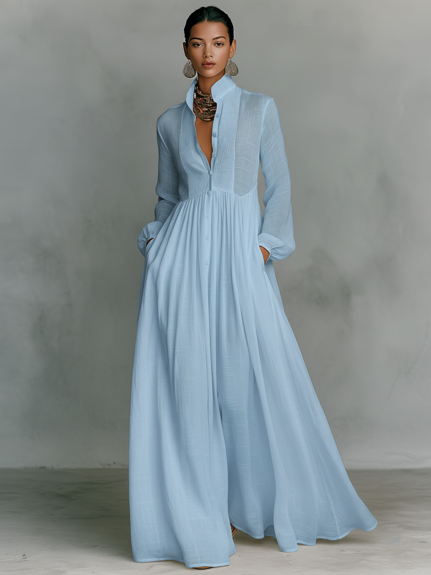 Women's Long Sleeve Cotton Linen Maxi Dress - Slimming Loose Fit Patchwork Design - Seldom Seen Styles