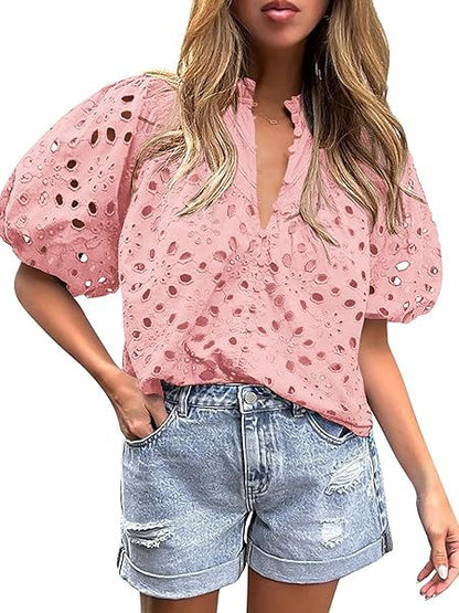 PRETTYGARDEN Women's Summer Tops Dressy Casual Short Lantern Sleeve V Neck Buttons Hollow Out Lace Embroidered Blouses Shirts