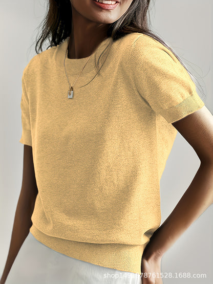 Women's Solid Color Crew Neck Short Sleeve Sweater, Chic Casual Basic Knit Pullover for Spring & Fall, Fashion Women's Knitwear for Daily Wear, Womenswear
