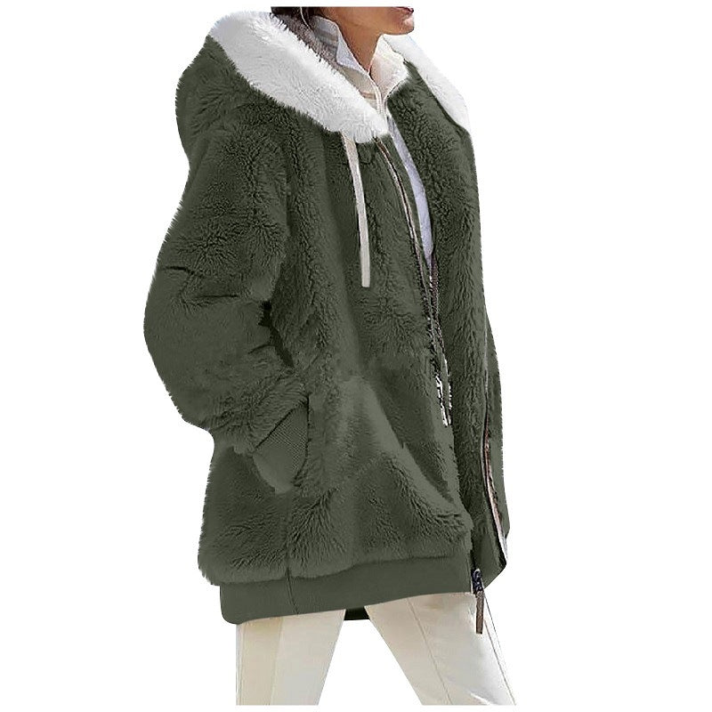 Grenzüberschreitendes Amazon Hot Europe und America2023 Herbst und Winter Loose Plush Long Sleeve Zipper Pocket Hooded Warm Jacket Women 