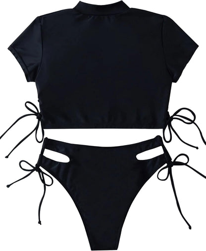 Drawstring Bikini Set Srting Swimsuit Short Sleeve Top and Tie Side Bottom 2 Piece - Seldom Seen Styles