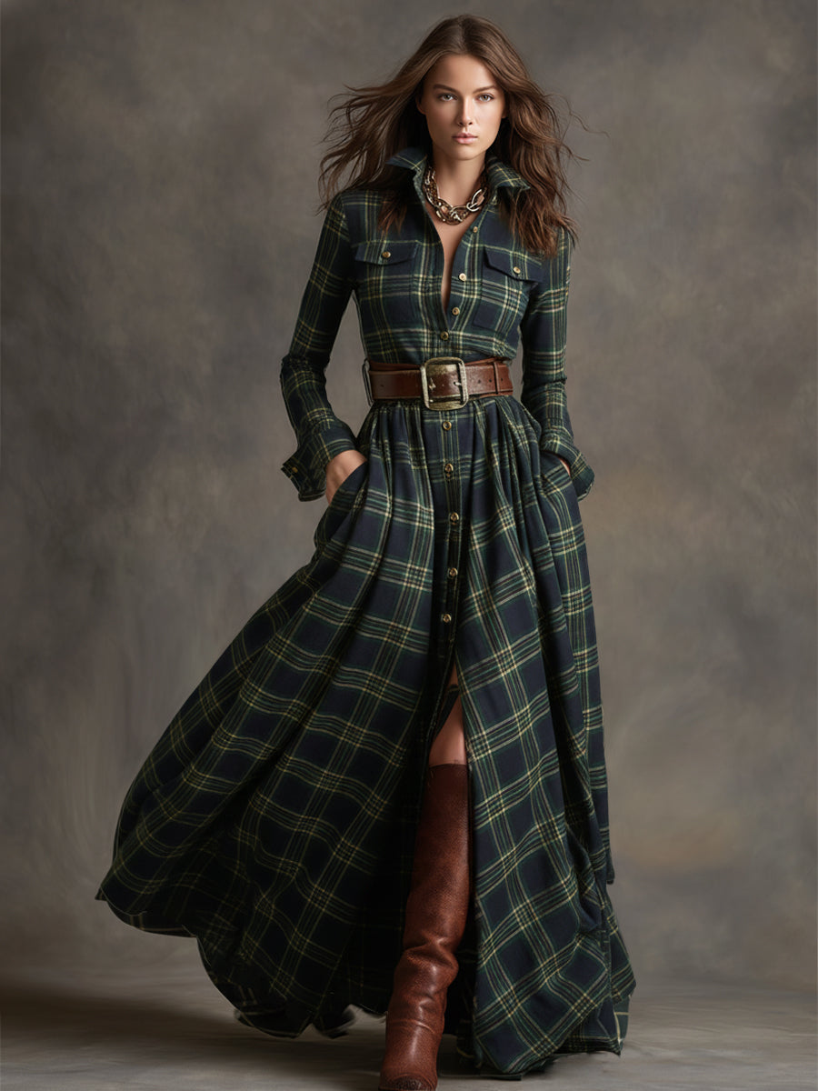 Retro Ethnic Style Lapel Reddish Brown Plaid Maxi Dress - Seldom Seen Styles