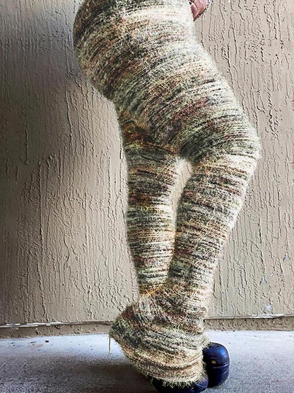 Women's Striped Print Flare Leg Fuzzy Sweater Pants, Casual Street Comfy Knit Bell Bottom Trousers For Fall & Winter, Women's Knitwear For Daily Wear