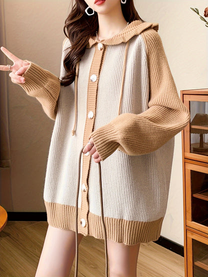 Color Block Button Front Hooded Cardigan, Casual Raglan Sleeve Drawstring Knitted Cardigan For Fall & Winter, Women's Clothing