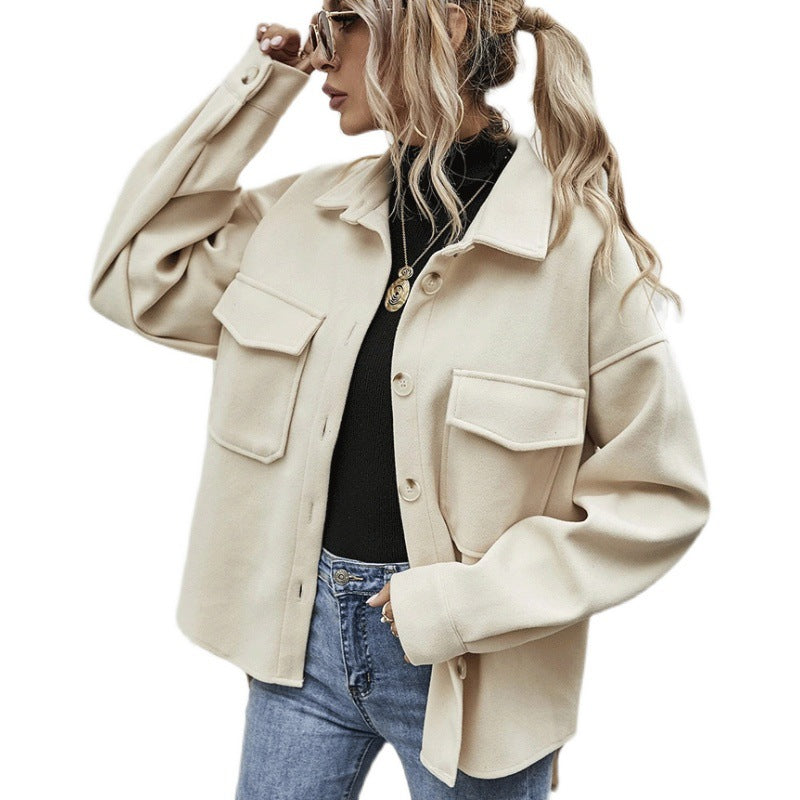 Cross-Border Foreign Trade European and American Women's Clothing Amazon2024Fall and Winter Lapels Single-Breasted Thickened Solid Color Wool Baggy Coat