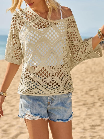 Women's Crochet Knit Top Boho Hollow Out V Neck Loose Fit Summer Beach Cover Up