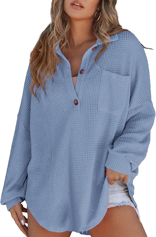 Women Waffle Knit Tops Henley Shirts Long Sleeve V Neck Solid Color Casual Tunic